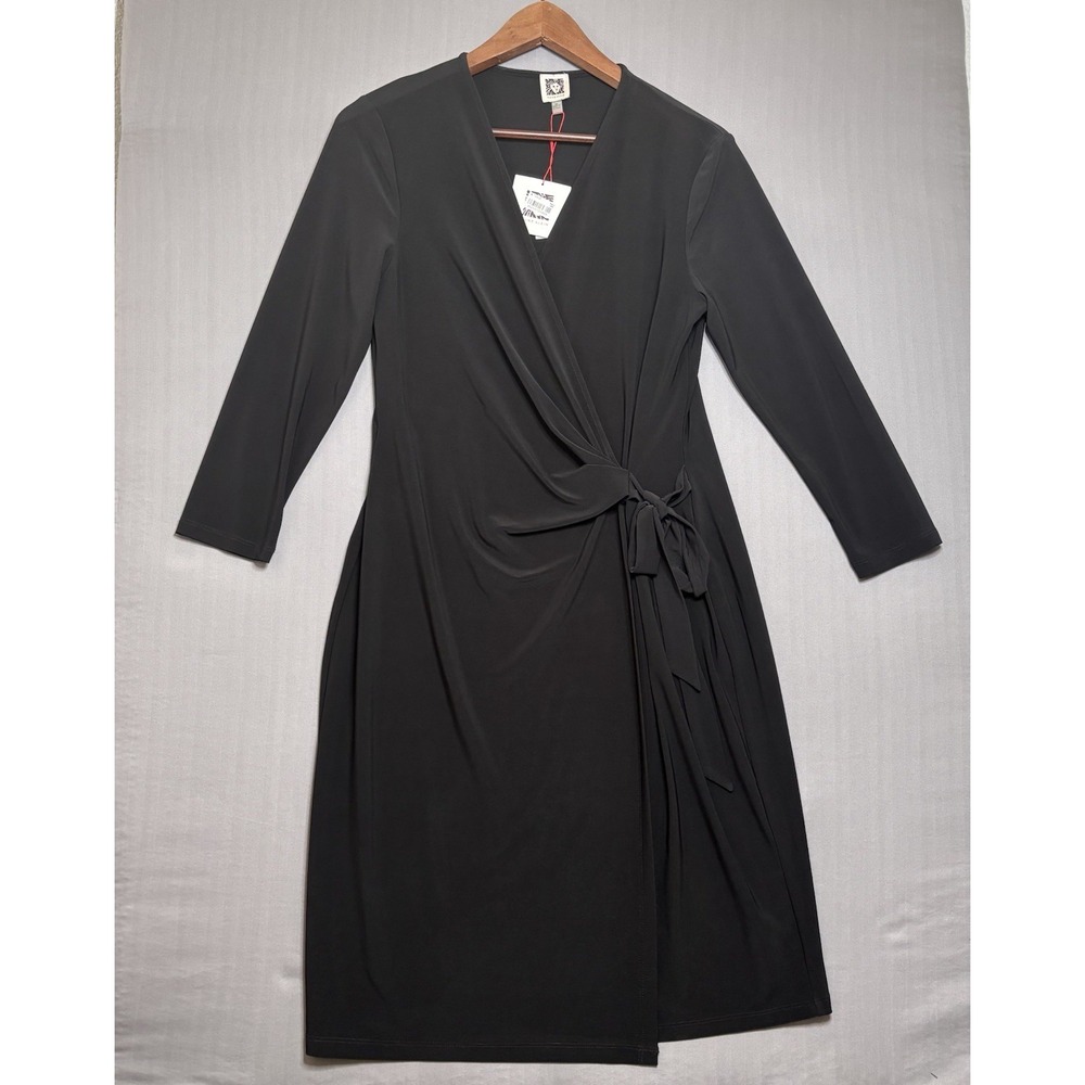 Anne Klein Faux Wrap Dress Womens M Black Surplice V-Neck LBD Cocktail Workwear